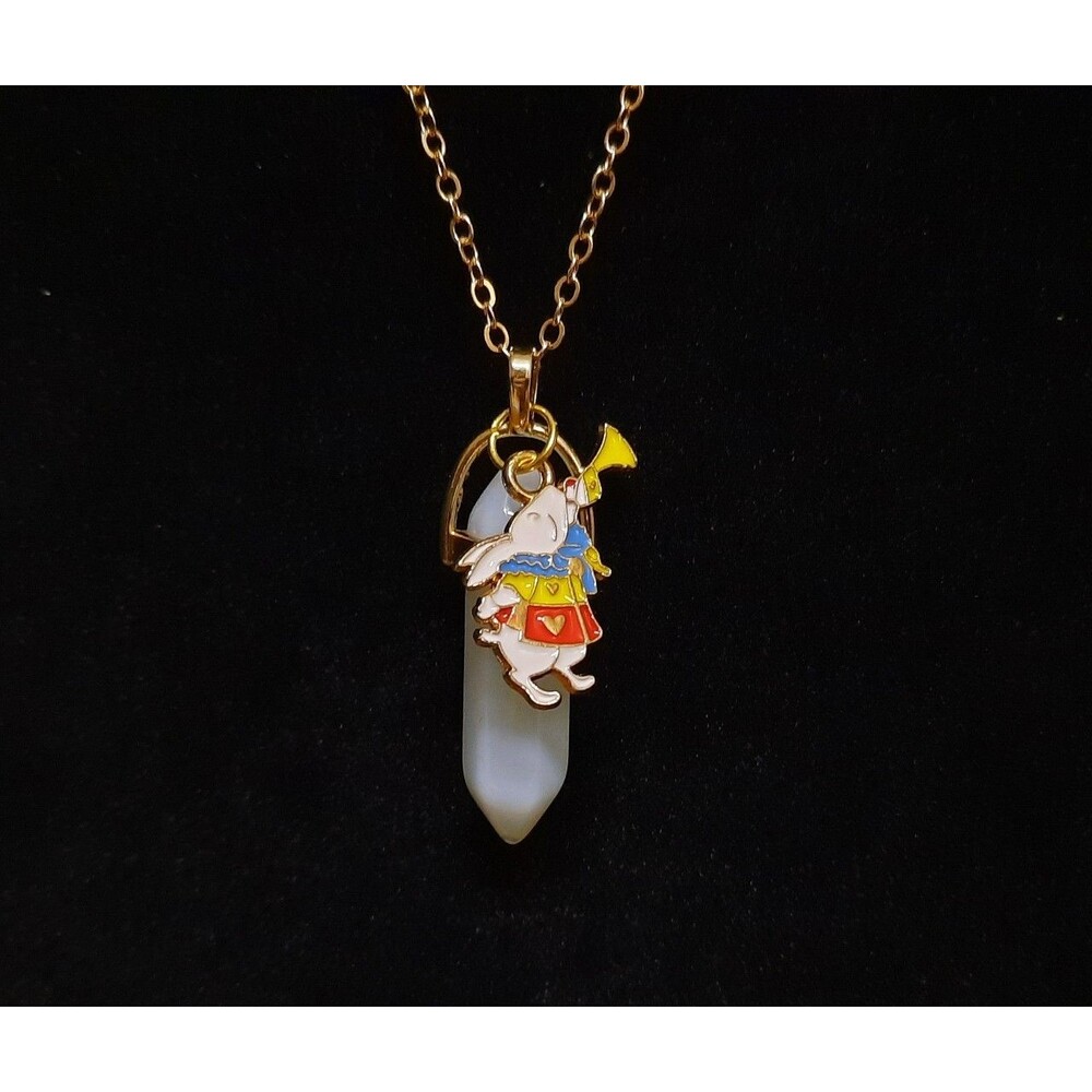 Alice in Wonderland White Rabbit Necklace with Opal Crystal Pendant